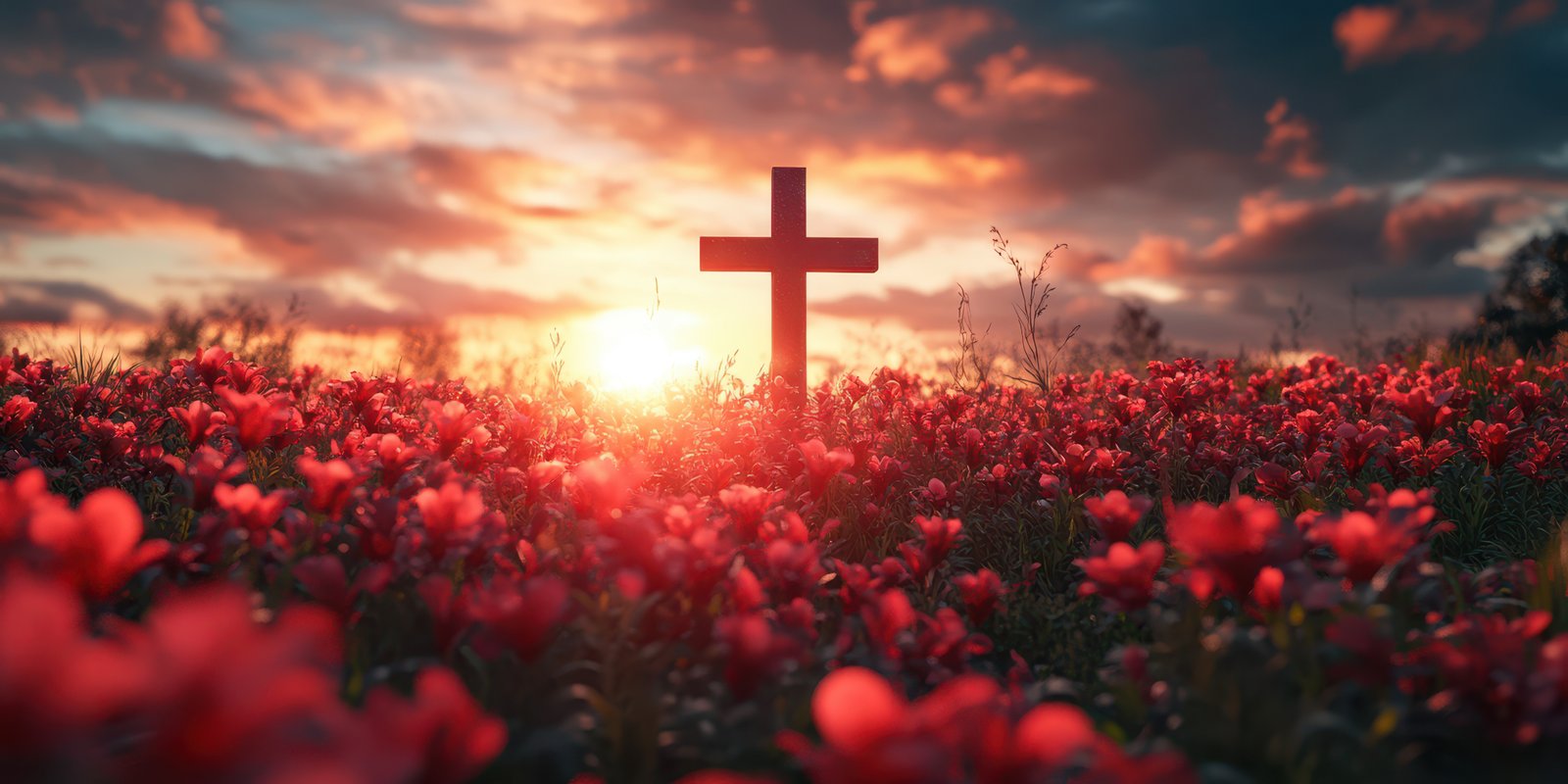 Vibrant flower field at sunset with a cross symbolizing hope and faith